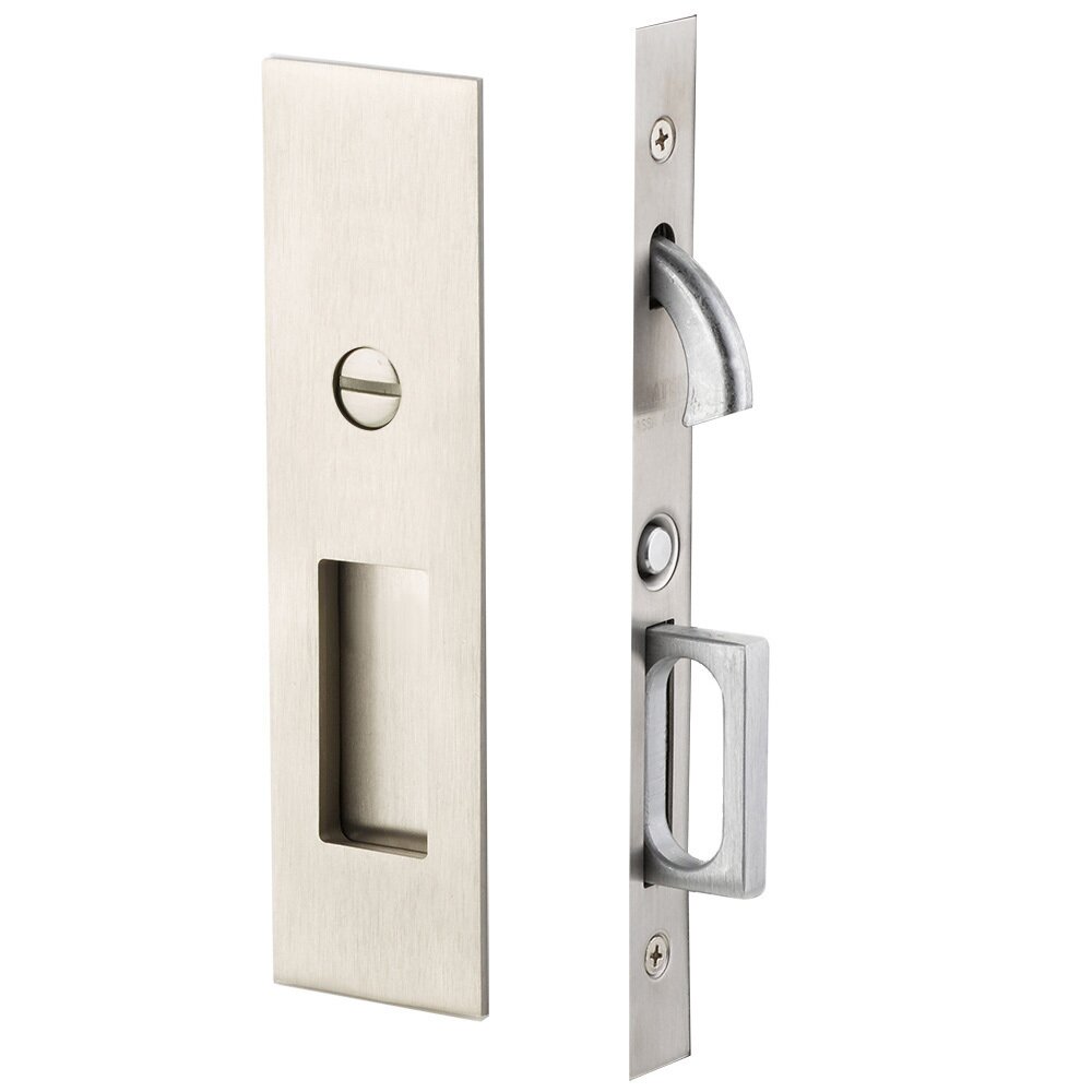 Emtek | Narrow Modern Rectangular Mortise Pocket Door Lock 2"×7¼" Privacy Satin Nickel