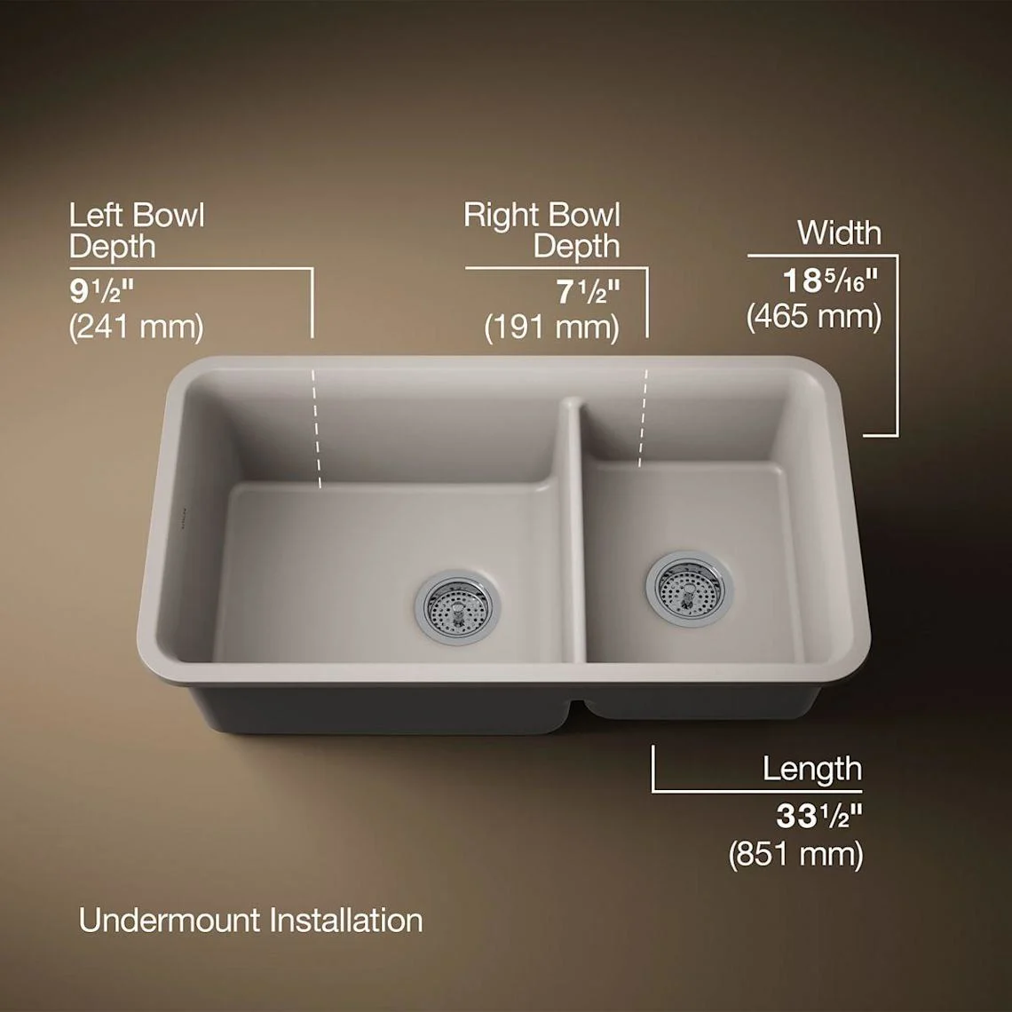 Kohler | Cairn Slim Divide 33-1/2" Undermount Double Bowl Neoroc Composite Kitchen Sink with Large Bowl Sink Rack in Matte Grey