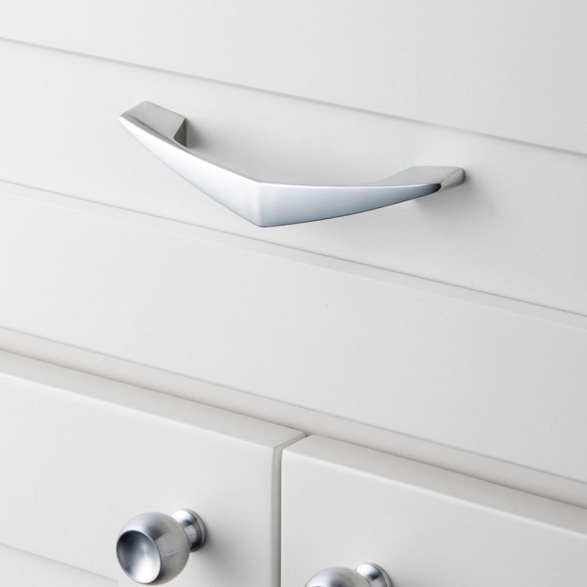 Rejuvenation | Boomerang 4 Inch Drawer Pull in Polished Chrome