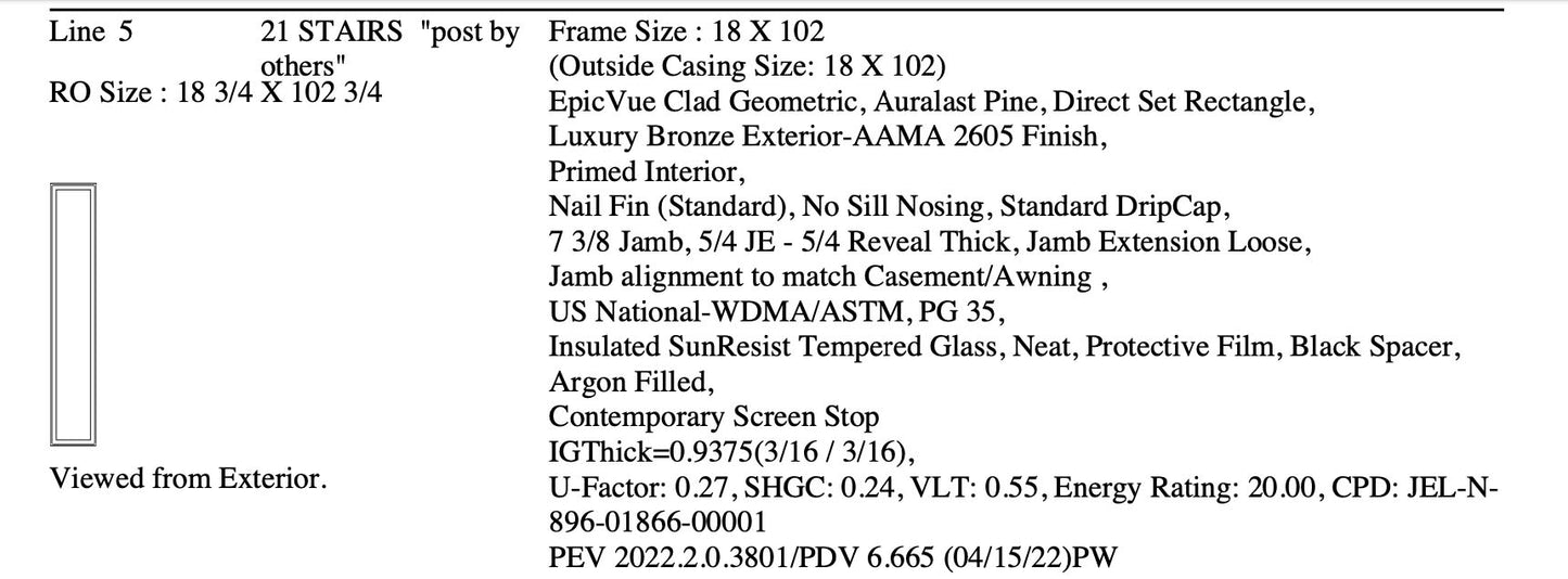 Jeld Wen | EpicVue Clad-Pine Picture Window W18 x H102 Lux Bronze Argon Glass