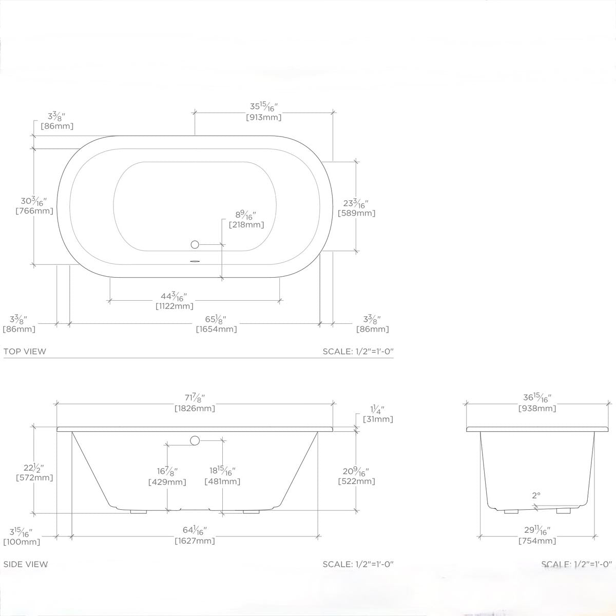 Waterworks | Small Classic Oval Bathtub 72" x 37" x 22" in Glossy White