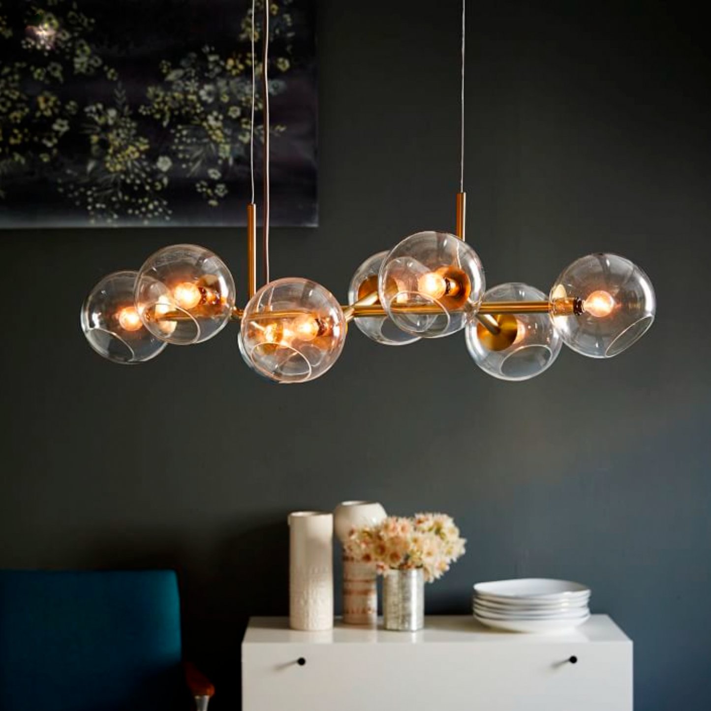 West Elm | Staggered Glass 8 Light Chandelier-Clear Glass in Antique Brass