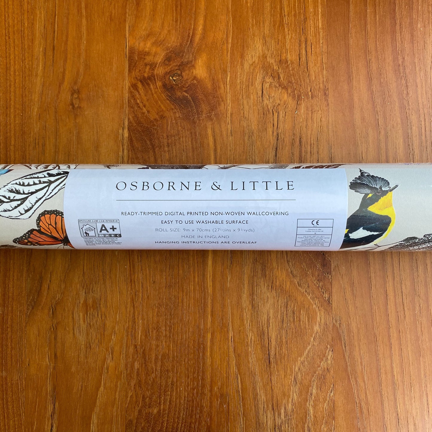 Osborne & Little Wallcovering, “Bird Song”. One roll, 29 1/4 feet x 27 1/2 inches.