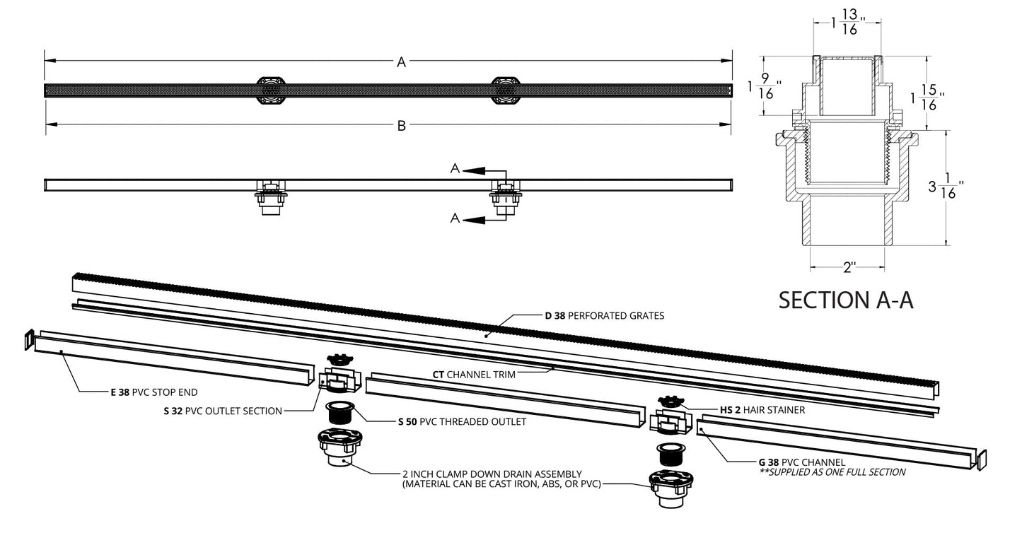 Infinity Drain | S-DG 38 Series 96 Inch Kit, Grate Not Included, in Satin Bronze