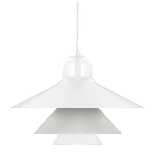 A large grey pendant lamp with a cone-shaped glass cylinder and two layered steel shades.