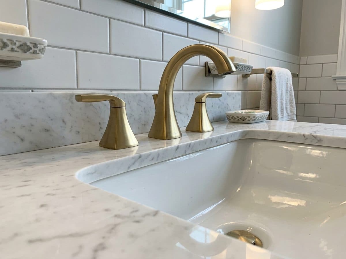 AI image of the same faucet installed on a white marble vanity above an undermount basin