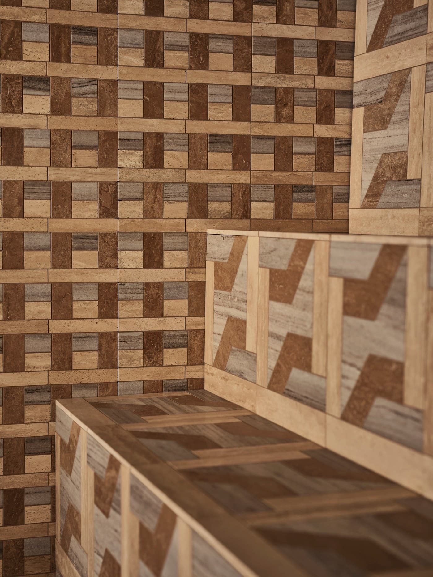 Gem by Kelly Wearstler woven concrete tile wall and bench vignette