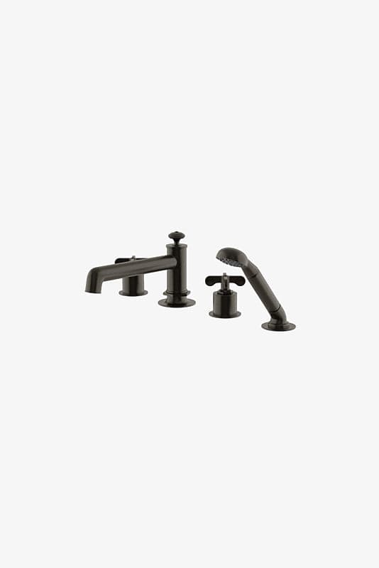 Waterworks Henry Concealed Tub Filler with Handshower and Cross Handles in Dark Brass