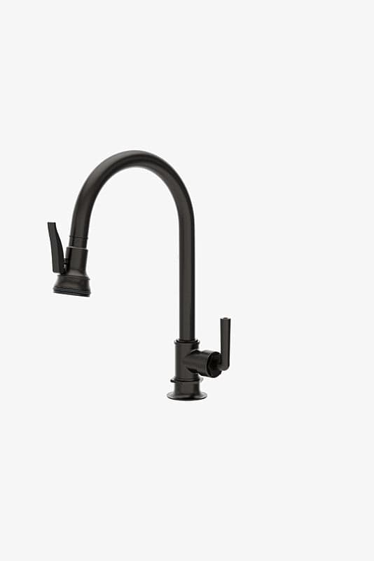 Waterworks Henry One Hole Gooseneck Integrated Pull Spray Kitchen Faucet in Dark Brass
