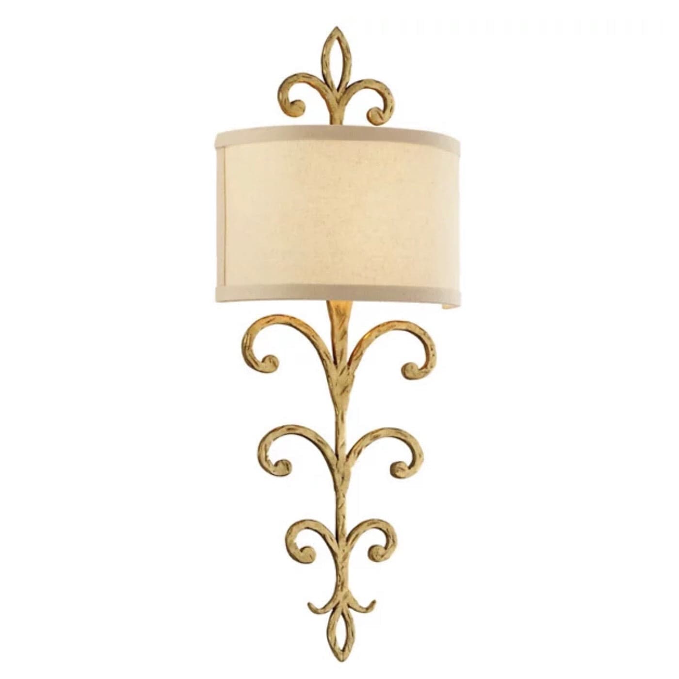 Troy Lighting Crawford Wall Sconce in Crawford Gold with hand-worked iron frame and fabric shade