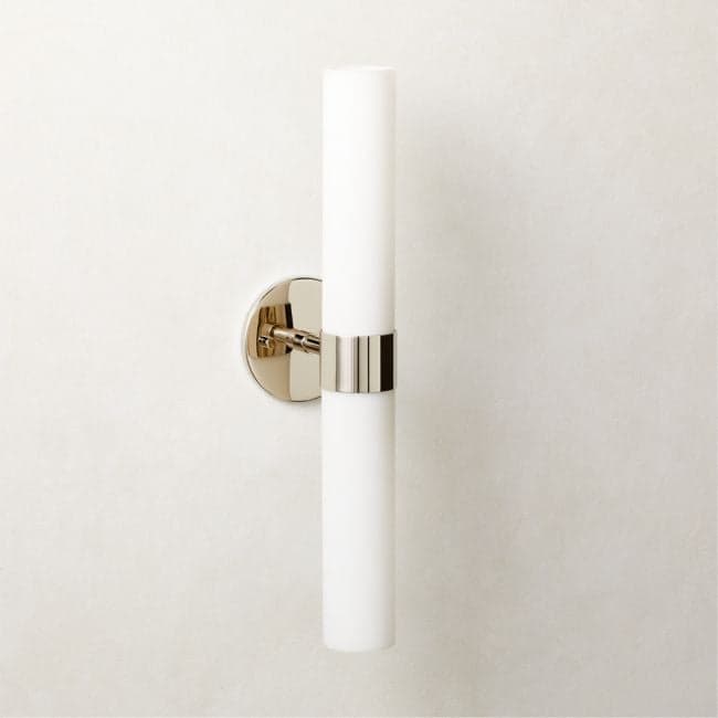 CB2 Amie Sconce with polished nickel metal cuff and matte opaline glass shades, 4.6" diameter x 20.5" height