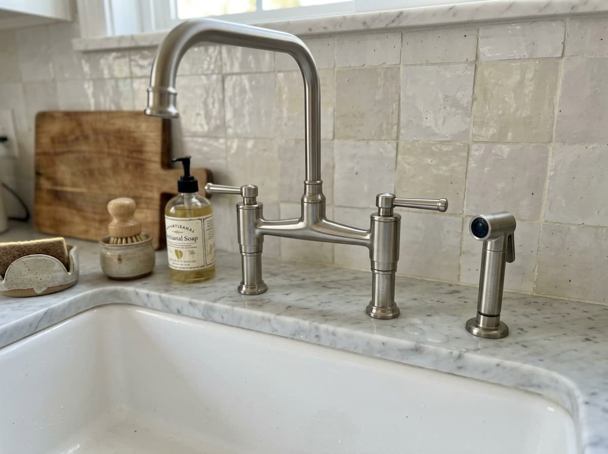 Brizo Artesso bridge kitchen faucet with side sprayer in brushed nickel, shown installed (AI-generated image)