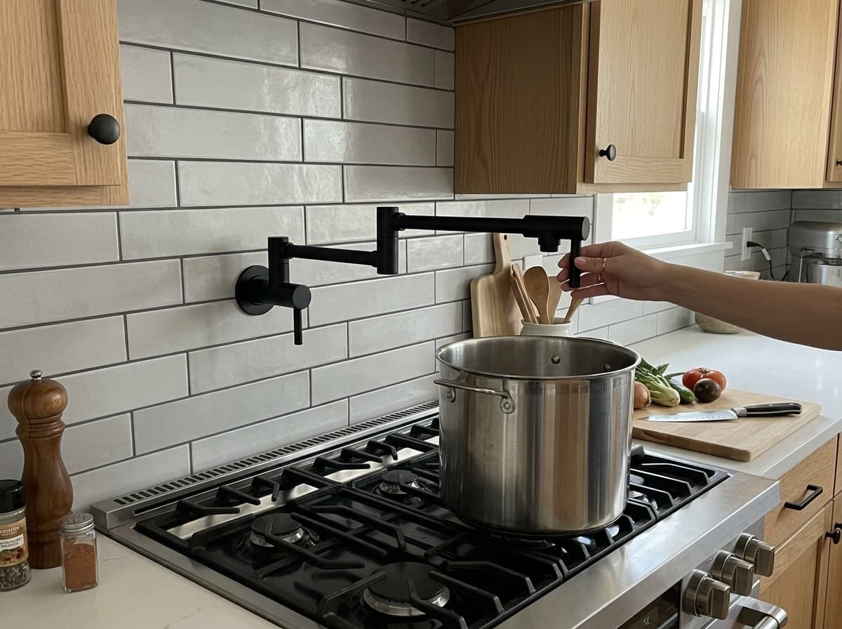 Newport Brass East Linear wall-mount pot filler in flat black, shown installed (AI-generated image)