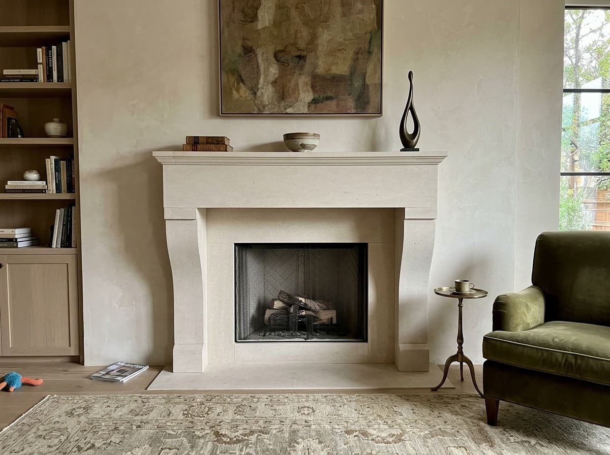 Tartaruga Design Normandy honed limestone fireplace mantel, shown installed in a living room (AI-generated image)