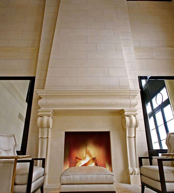 Tartaruga Design Contemporary Renaissance honed limestone fireplace mantel