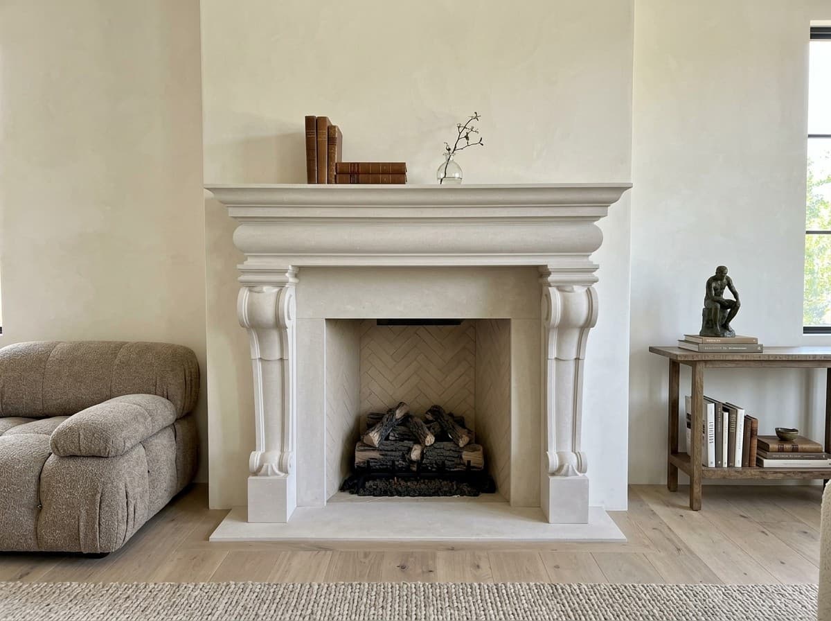 Tartaruga Design Contemporary Renaissance honed limestone fireplace mantel, shown installed in a living room (AI-generated image)