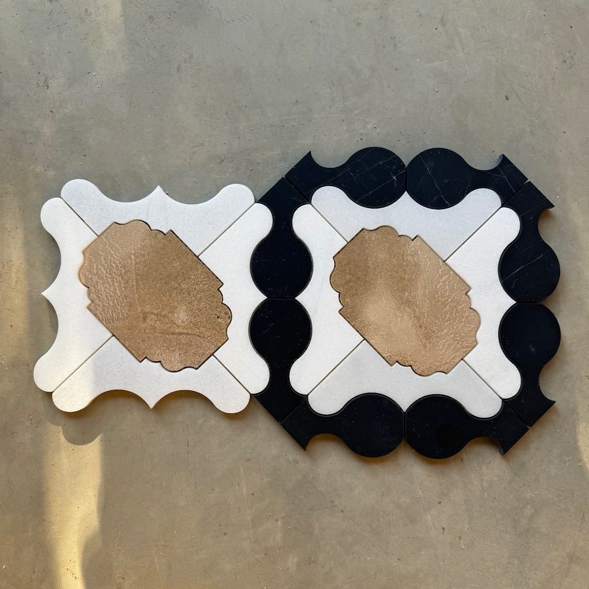 Tabarka Studio Petite Alliance 3 tile in Lorca White marble, Noir honed limestone, and Antiqued Terra Cotta