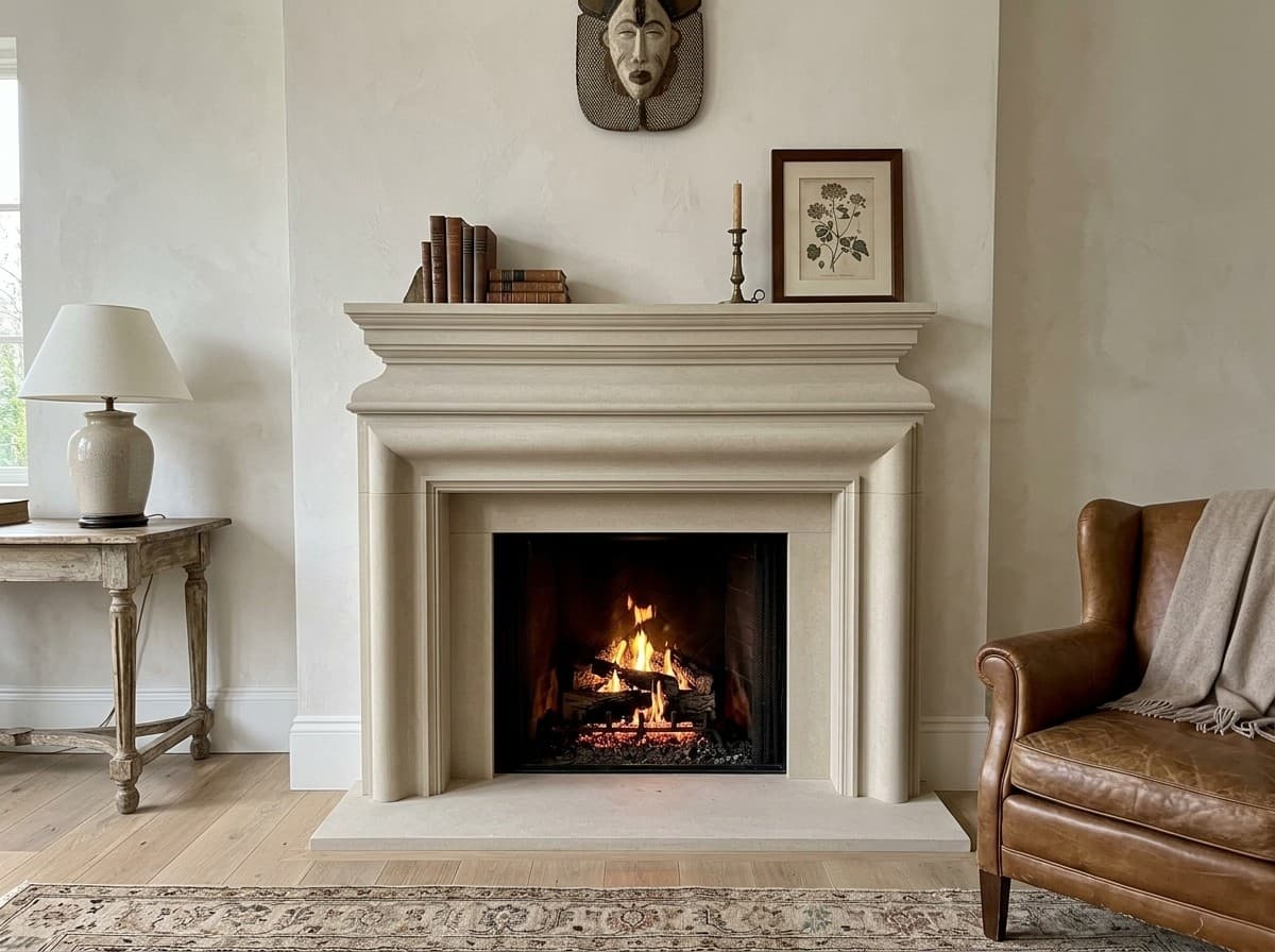 Tartaruga Design Mereworth honed limestone fireplace mantel, shown installed in a living room (AI-generated image)