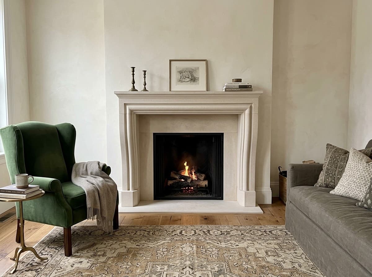 Tartaruga Design Avignon honed limestone fireplace mantel, shown installed in a living room (AI-generated image)