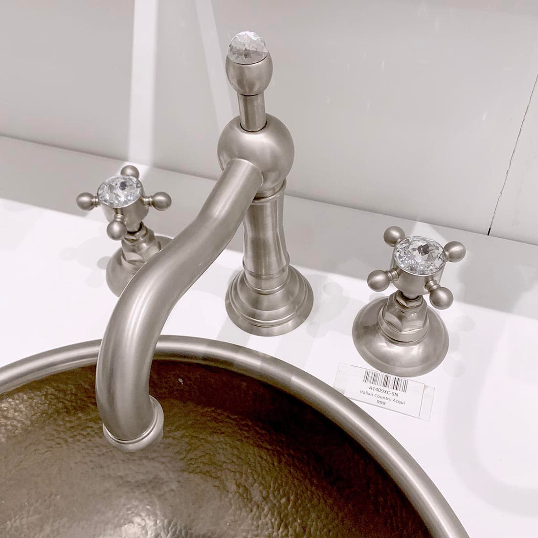 Rohl Italian Country Acqui Column Spout Lav Faucet Set with Crystal Cross Handles in Satin Nickel