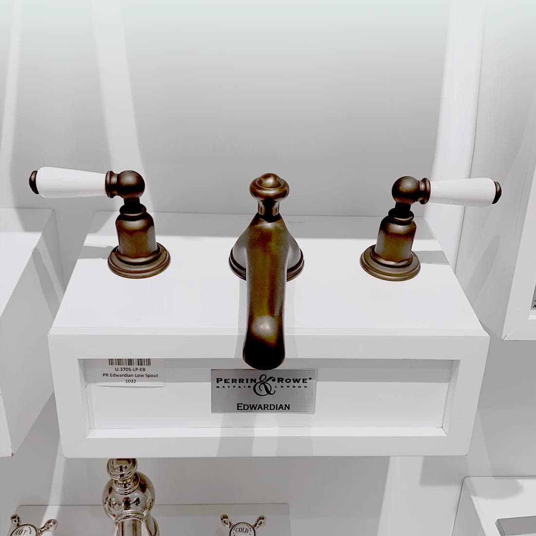 Rohl Perrin & Rowe Edwardian Low Level Spout Widespread Bathroom Faucet in English Bronze with white lever handle