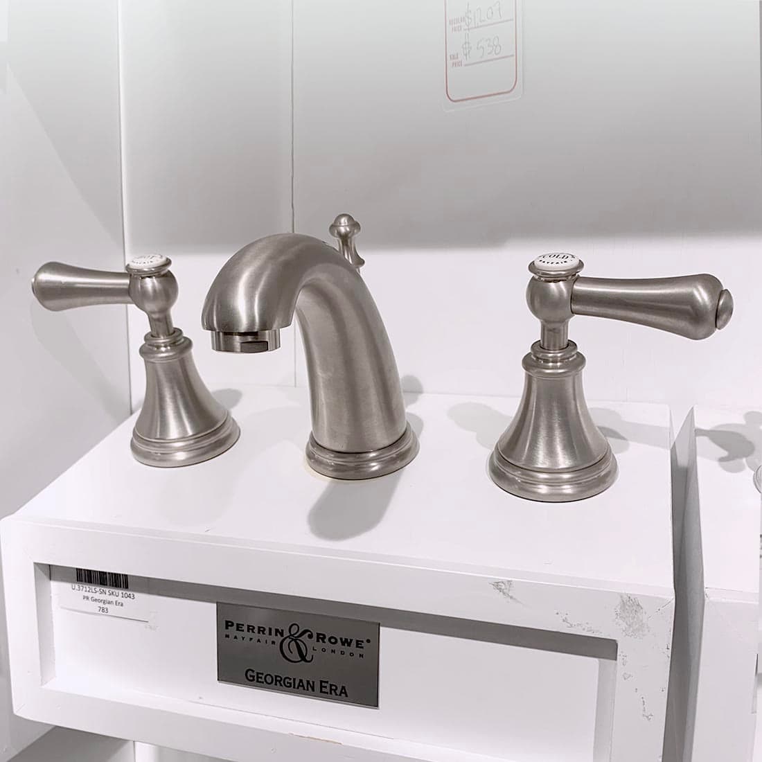 Rohl Perrin and Rowe Georgian Era High Neck Widespread Lav Faucet in Satin Nickel with white porcelain lever handles