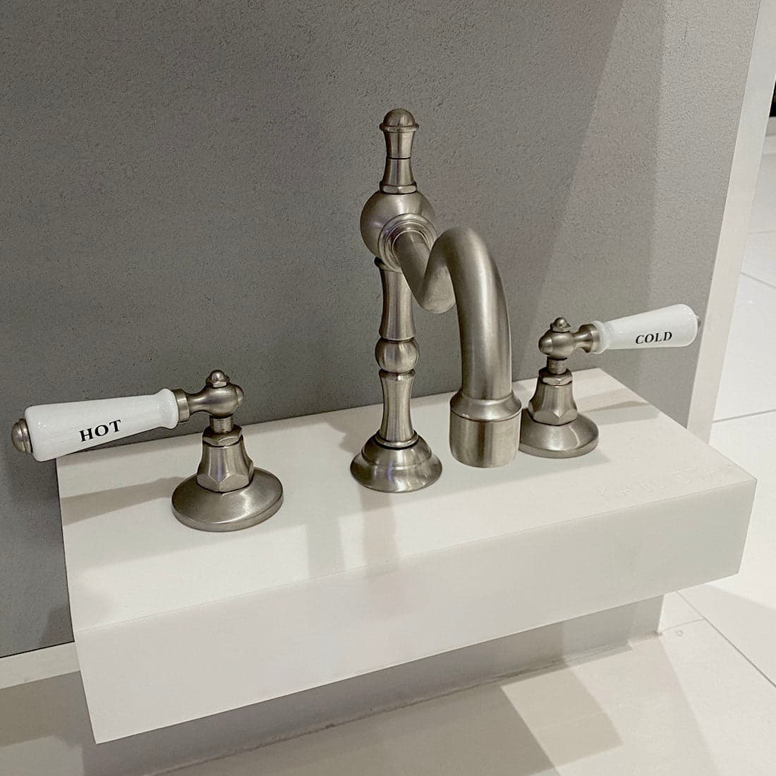 Kallista Hampstead Basin Faucet Set with Victorian Spout, white lever handles, brushed nickel finish