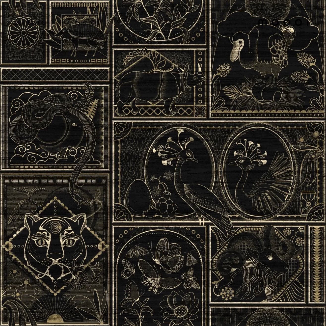 Memento Moooi Wallcovering MO4040 Golden Tiger in Ebony with laser-cut wood veneer and gold foil
