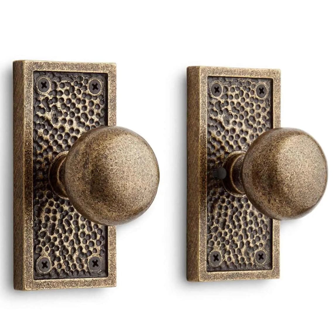 Signature Hardware Traeger Bronze Privacy Interior Door Set with antique brass round knobs and hand-hammered finish