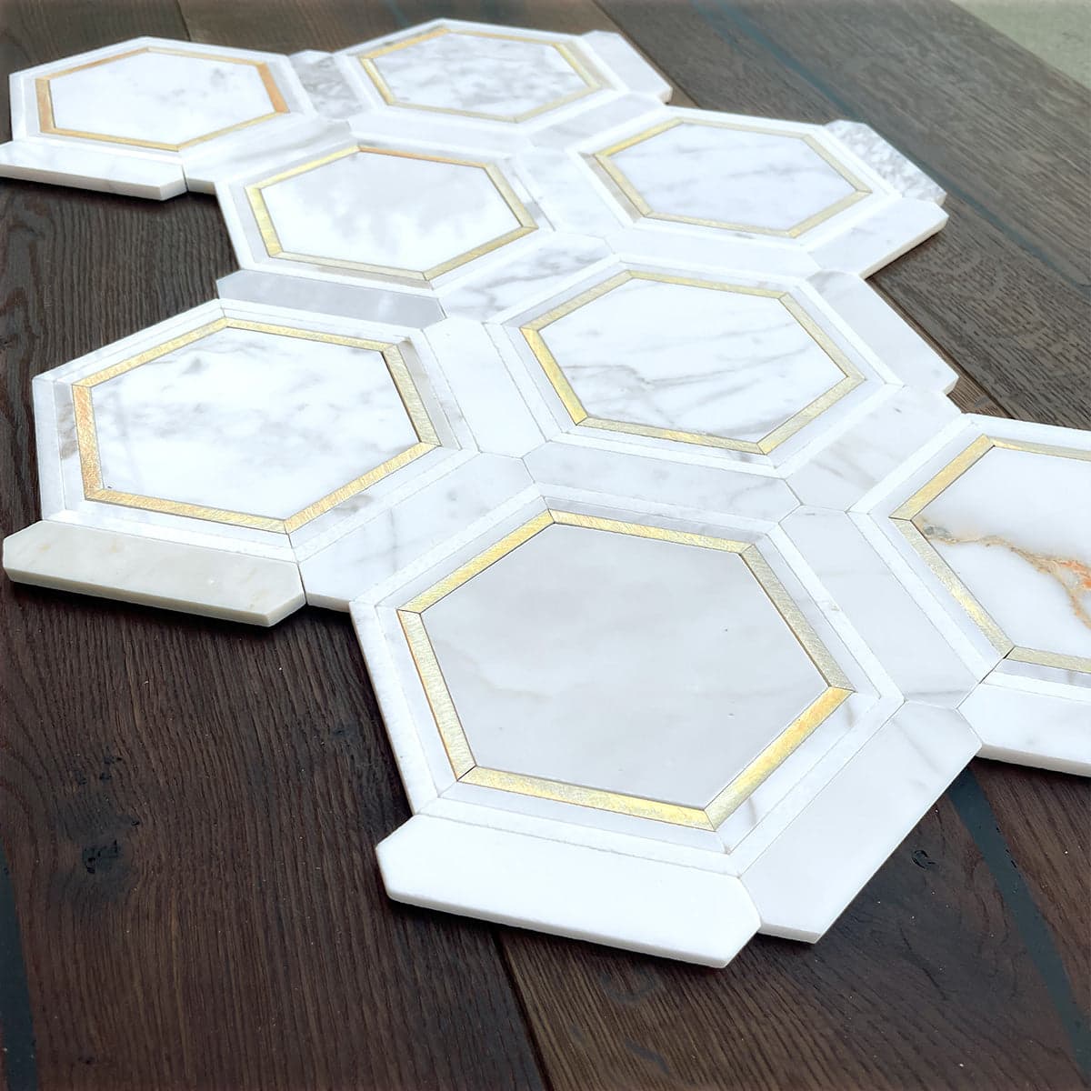 ES Stone | Honeycomb Mosaic Tile Brass/Gold Inlay White Marble - alternate view