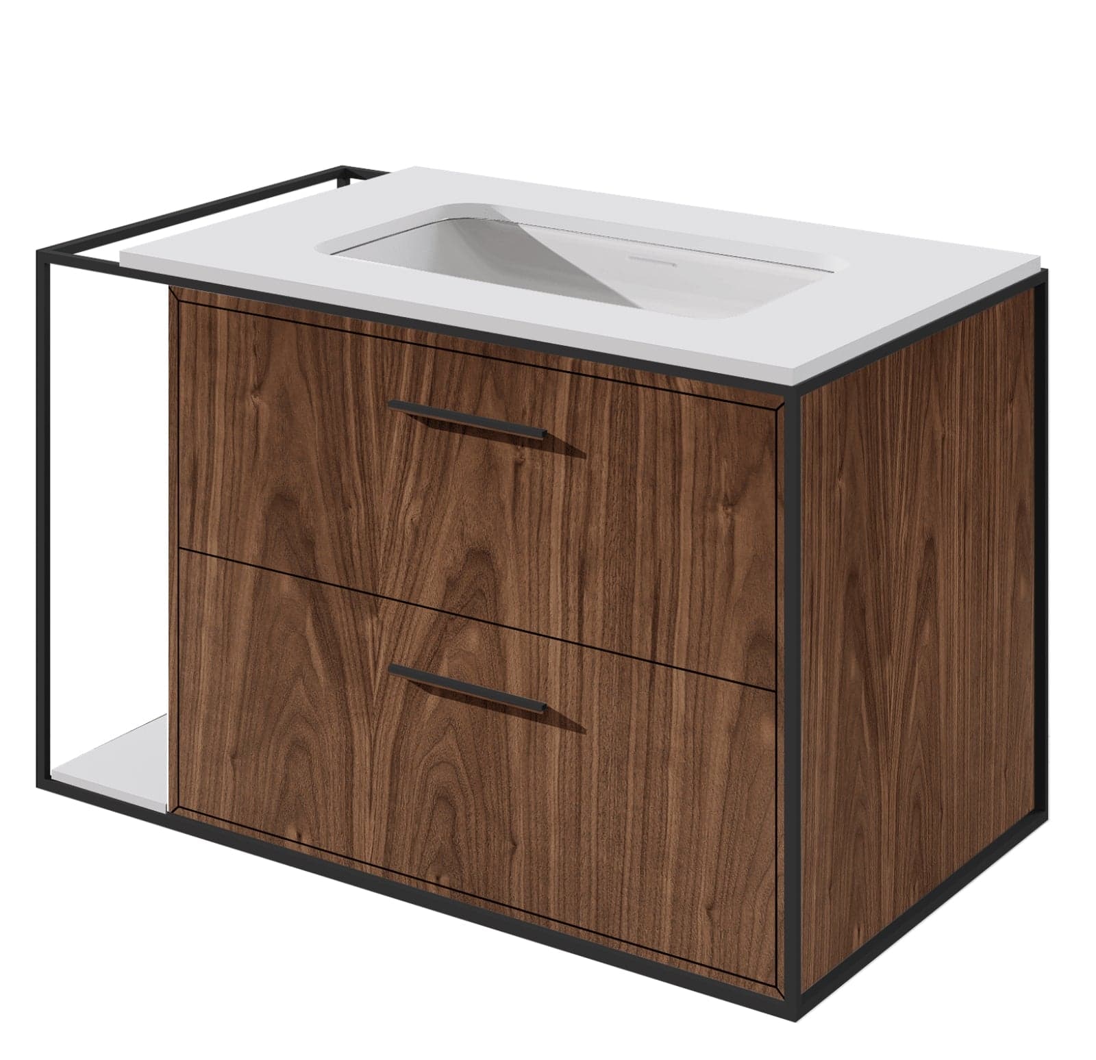 Lacava Linea 30" wall mount vanity in natural walnut with matte black frame and obsidian countertop