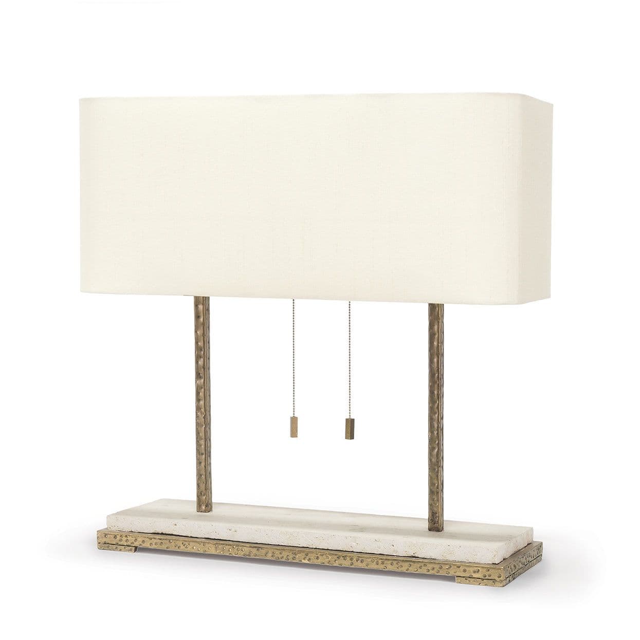 Palecek Tao 2 Light Table Lamp with hammered gold finish, Mactan stone, and cream silk shade