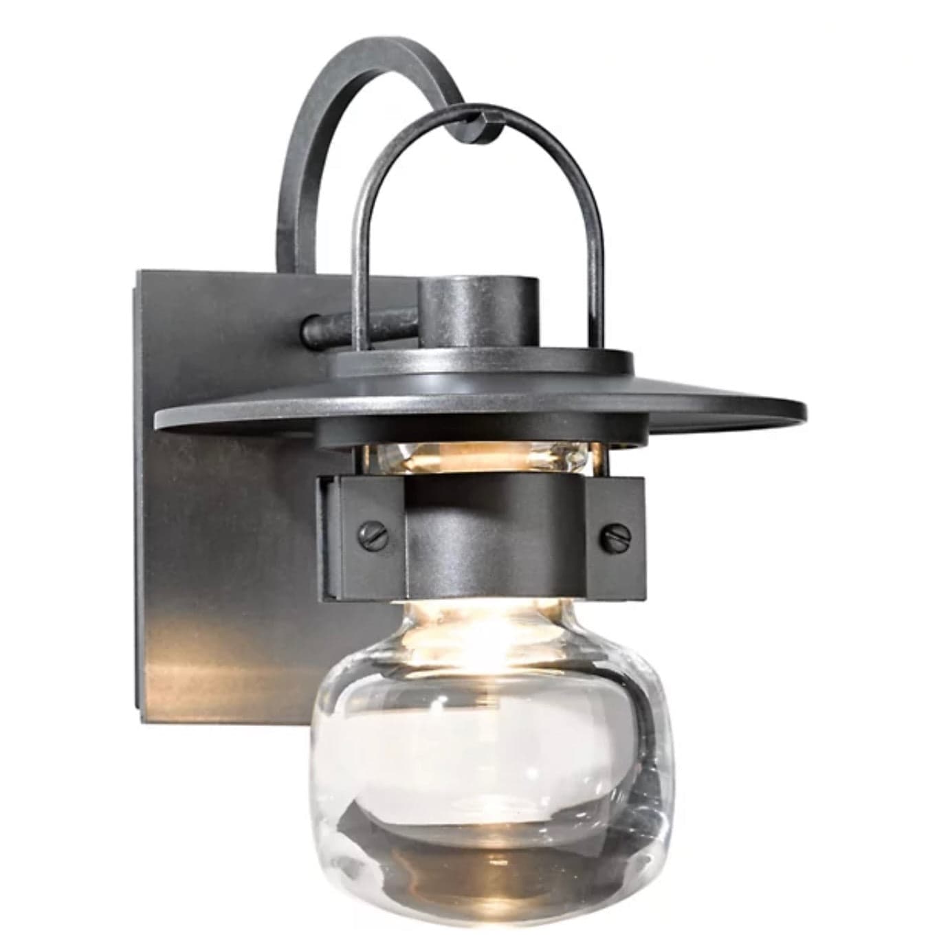 Hubbardton Forge Mason Outdoor Sconce in Coastal Burnished Steel with blown glass bell shade