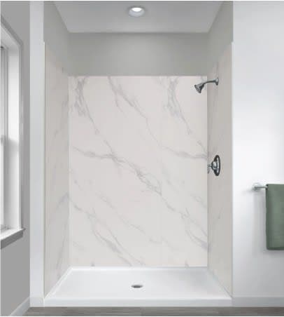Miseno ReadySet five-panel alcove shower wall kit in Carrara white, 48" x 34" x 78"