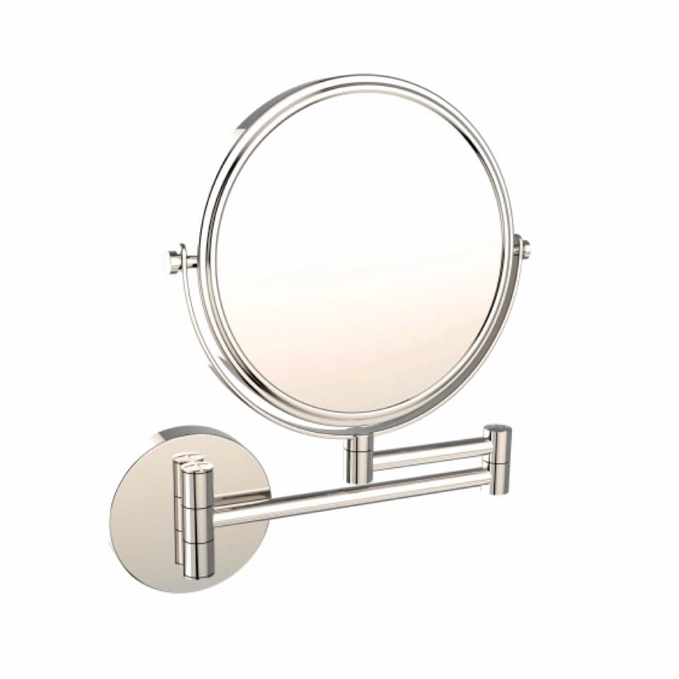 Kartners Project Mirror in Brushed Nickel, 8-inch wall-mounted brass mirror with 1X and 5X magnification