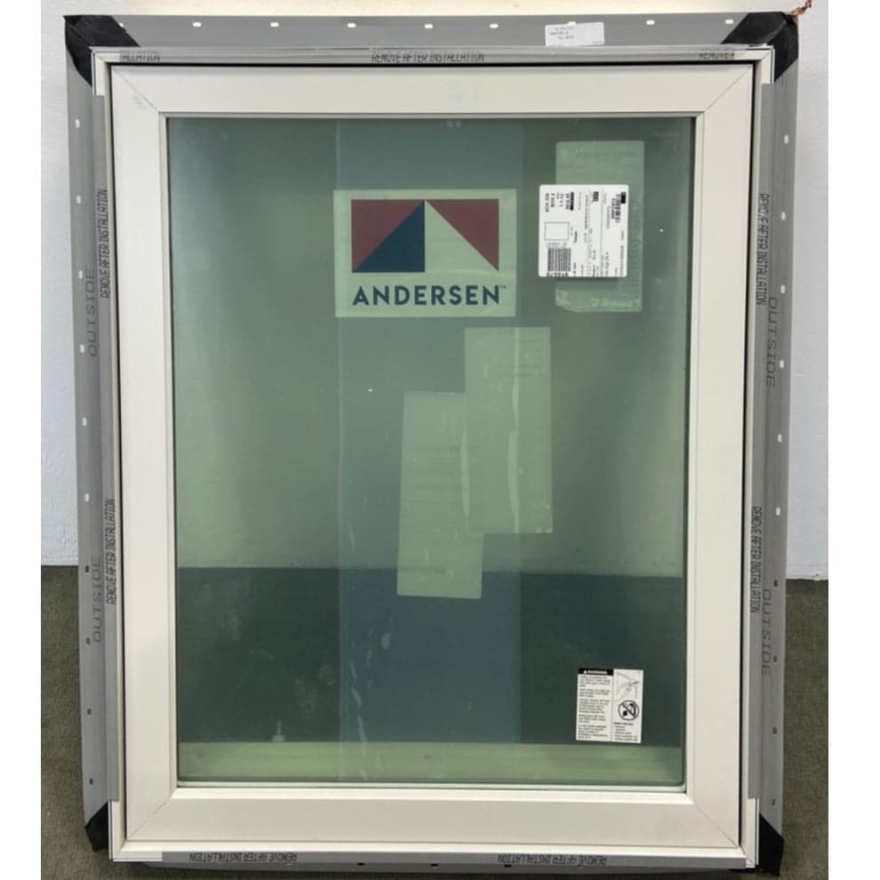 Andersen E Series 30x38 casement window, aluminum clad wood frame, white vinyl exterior, primed white interior
