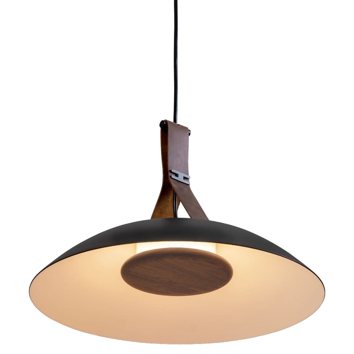 Cerno Volo Led Pendant — Black with White Interior and Walnut Disc, 18 Inch