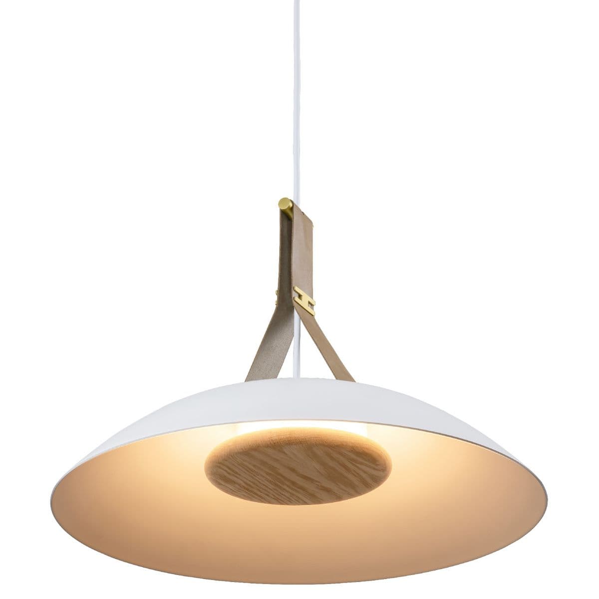 Cerno | Volo LED Pendant — White with White Interior and Washed Oak Disc, 18 Inch