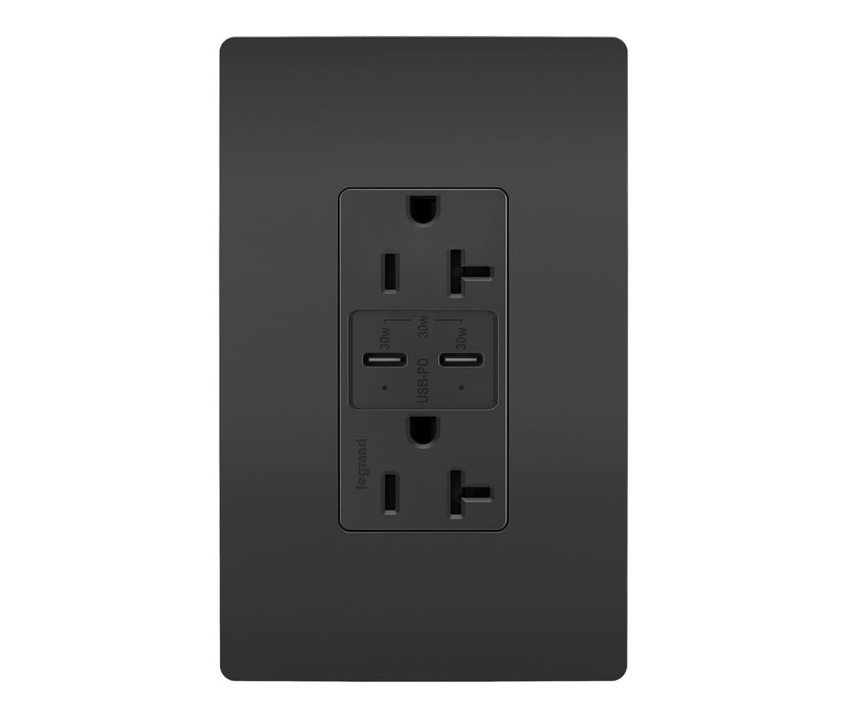 Legrand Adorne | Radiant 20A Tamper Resistant Outlet with USB Type C Ports — Black