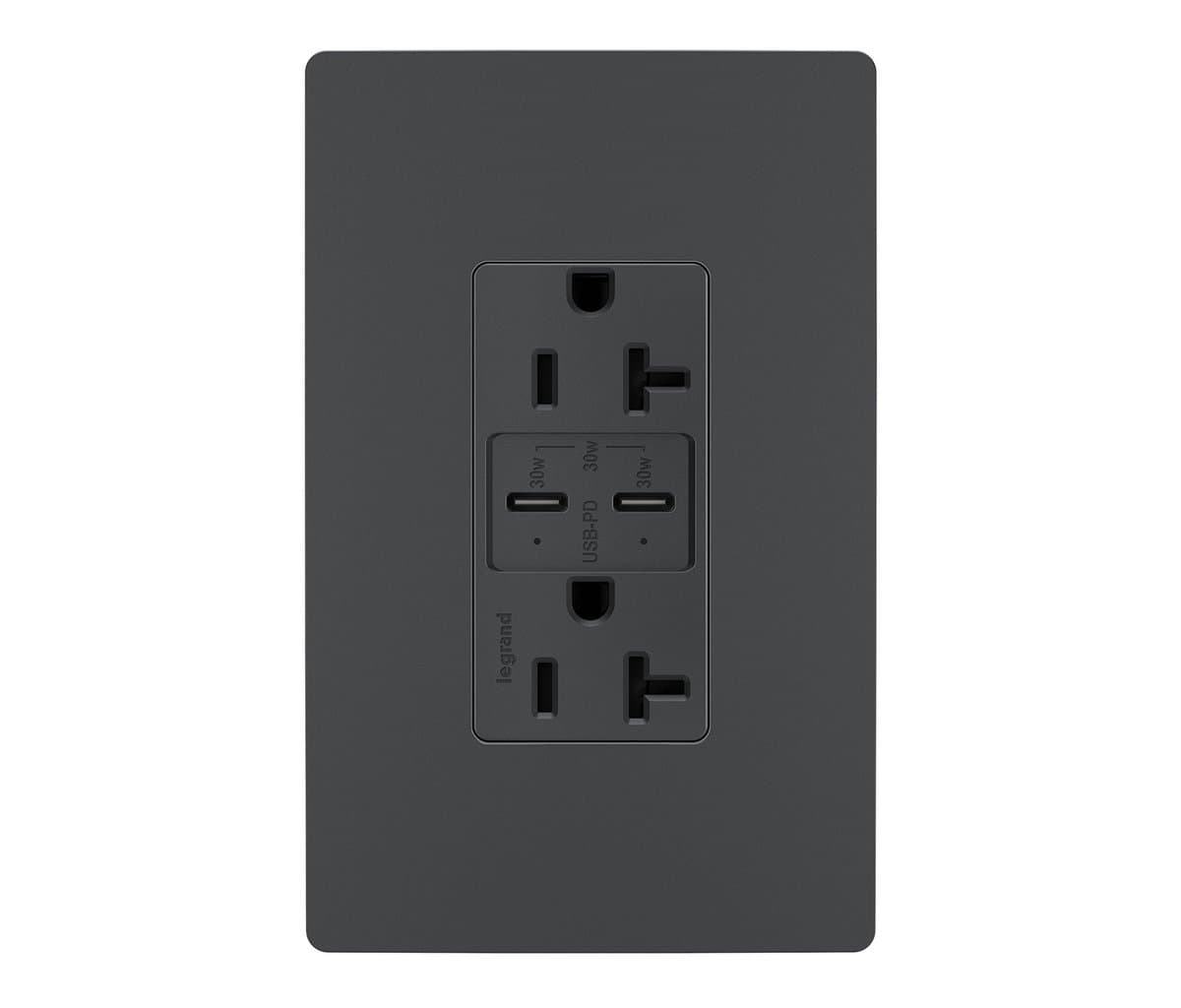 Legrand Adorne | Radiant 20A Tamper Resistant Outlet with USB Type C Ports — Graphite