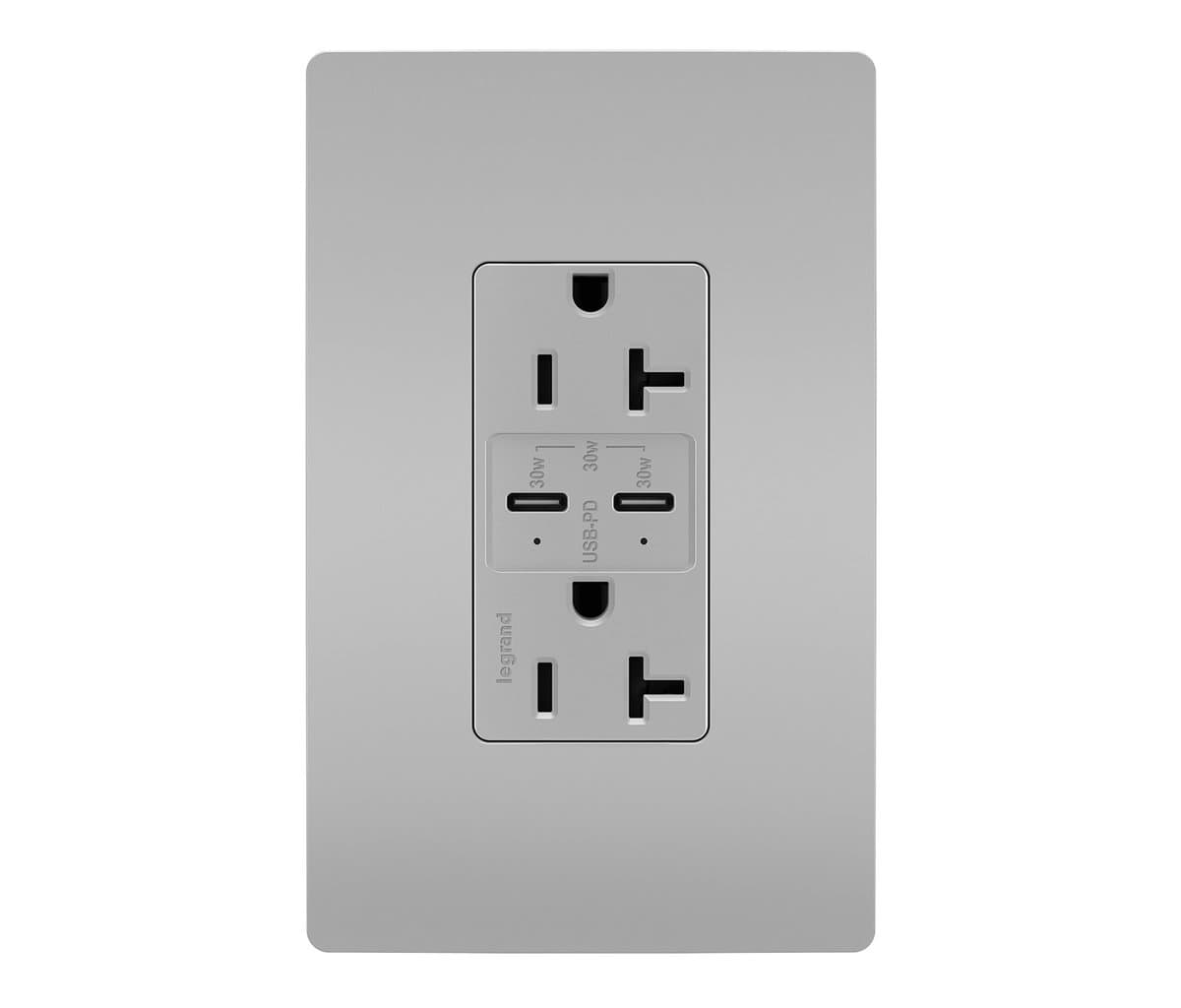 Legrand Adorne | Radiant 20A Tamper Resistant Outlet with USB Type C Ports — Gray