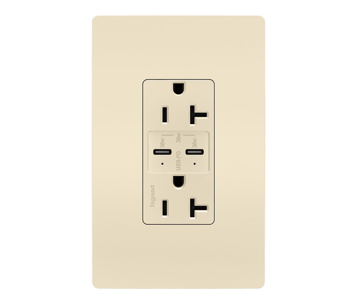 Legrand Adorne | Radiant 20A Tamper Resistant Outlet with USB Type C Ports — Light Almond