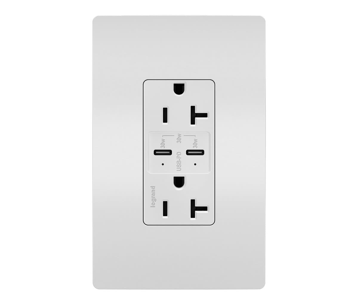 Legrand Adorne | Radiant 20A Tamper Resistant Outlet with USB Type C Ports — White