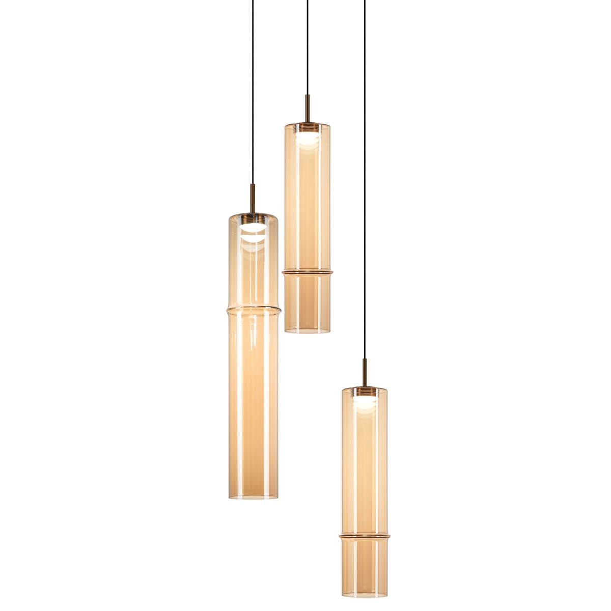 Huxe | Cirino Multi-Light LED Pendant — Aged Gold Brass with Amber Glass, 3
