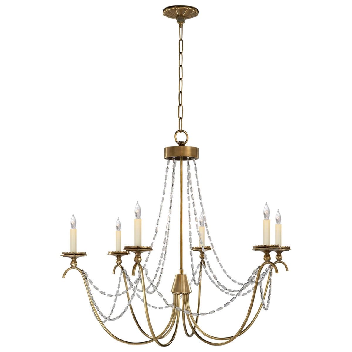 Visual Comfort Signature | Marigot 6-Light Chandelier — Antique-Burnished Brass with Seeded Glass Trim