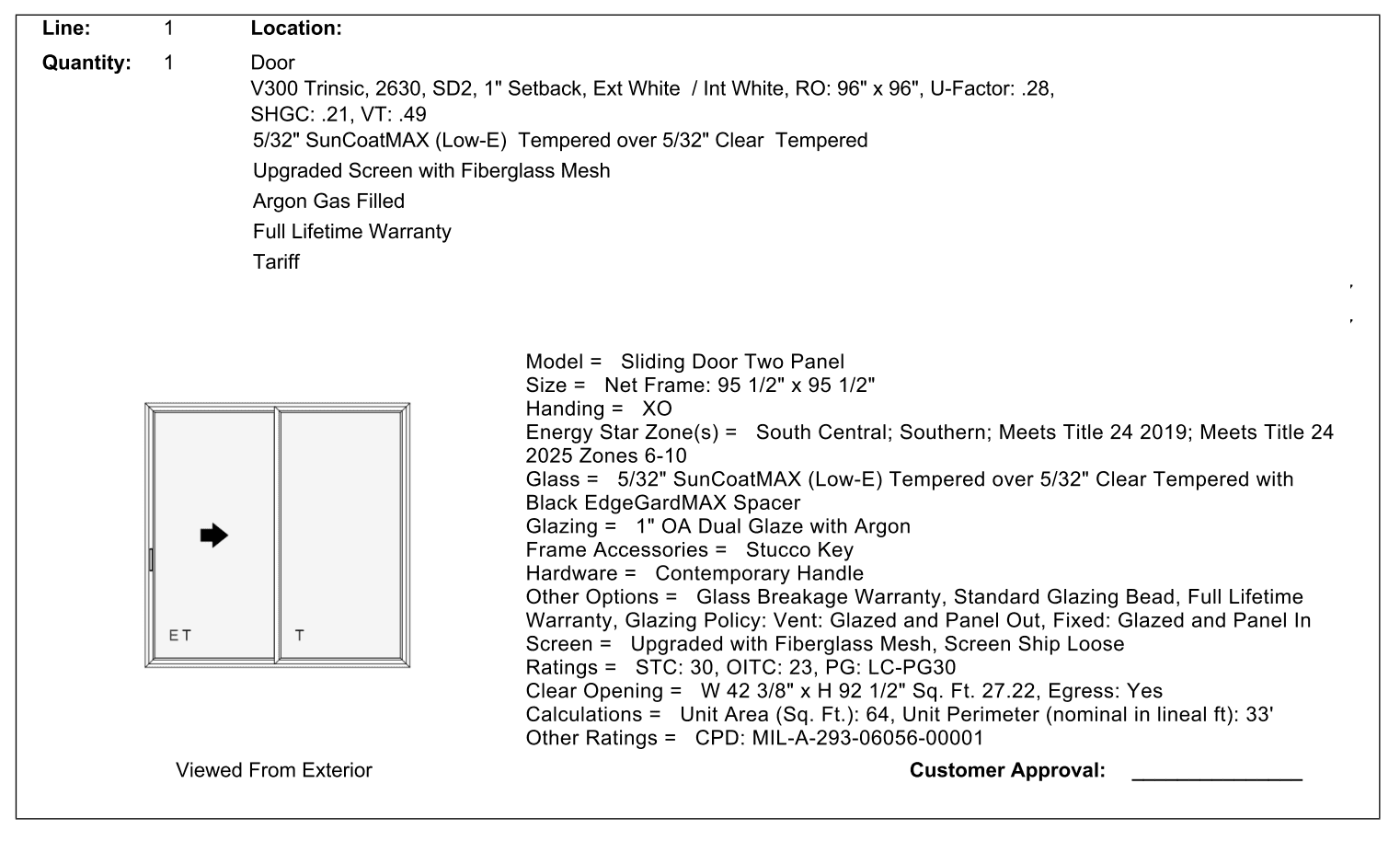 Milgard Sliding Door - Brand New 96x96 - alternate view