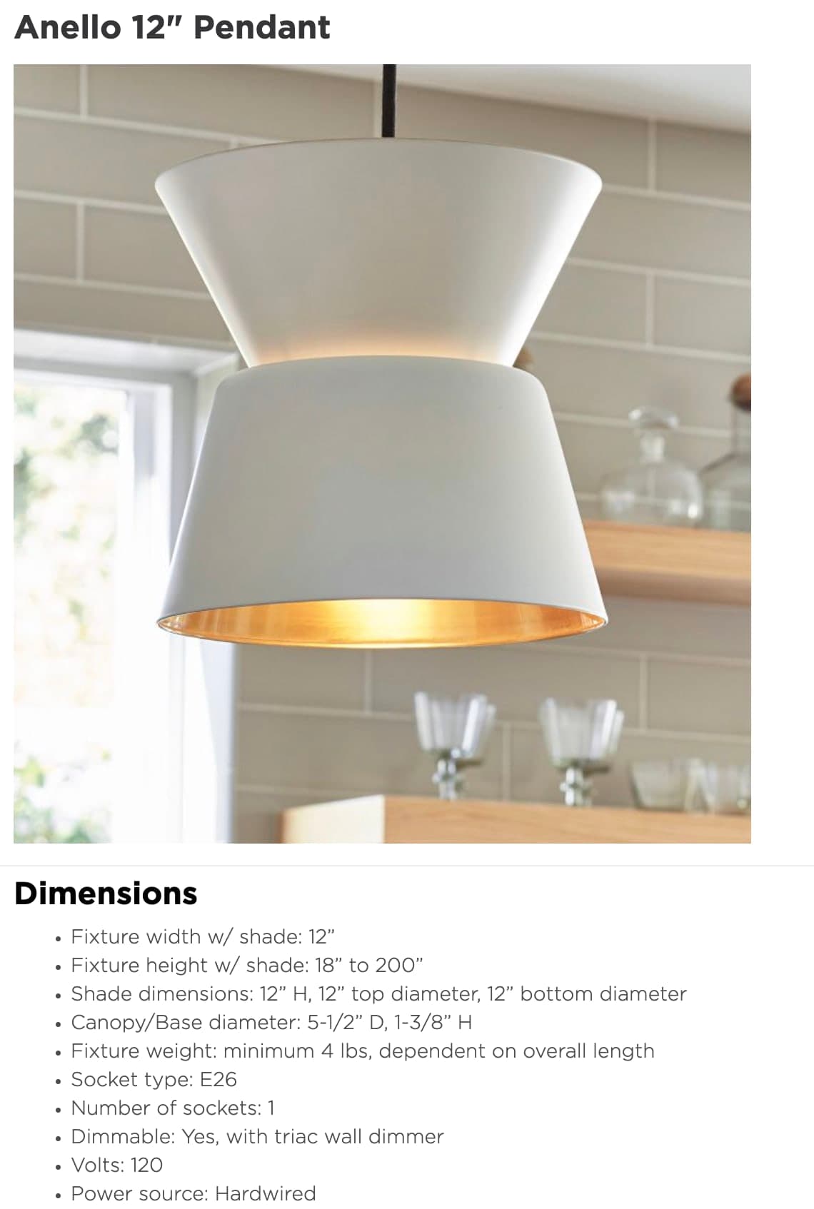 Anello 12" Pendant Lamp by Rejuvenation in matte white finish, modern style