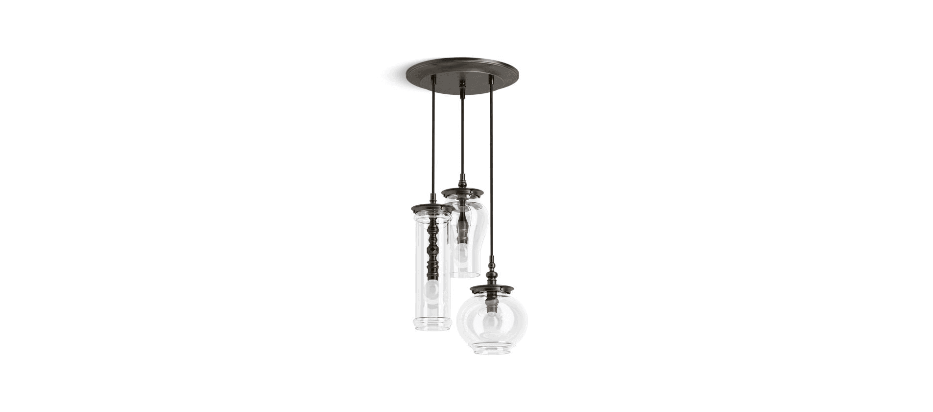 Kohler Damask 3 Light pendant in oil-rubbed bronze with clear glass shades