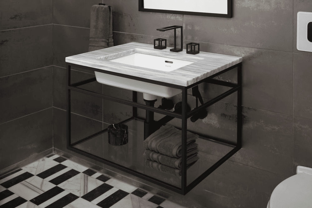 Kallista Grid Wall-Hung Console with Marmo Grigio top, white glazed sink, and matte black faucet