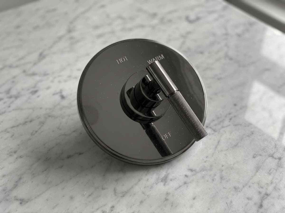 Newport Brass Muncy balanced pressure shower trim in Midnight Chrome, on a marble surface (AI-generated image)